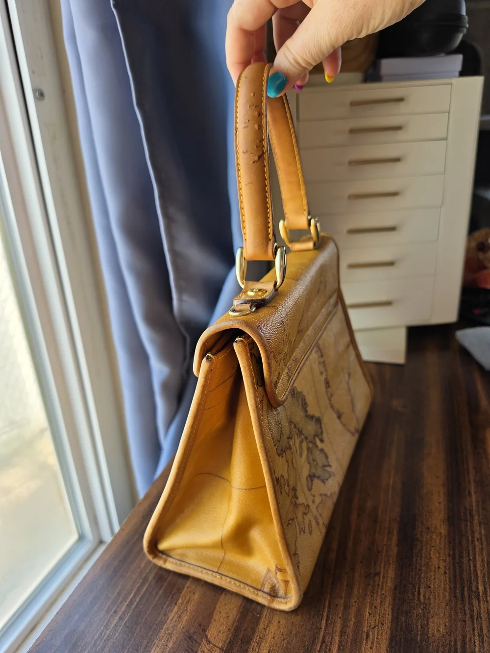 Alviero Martini Brown Map-Print Top Handle Bag